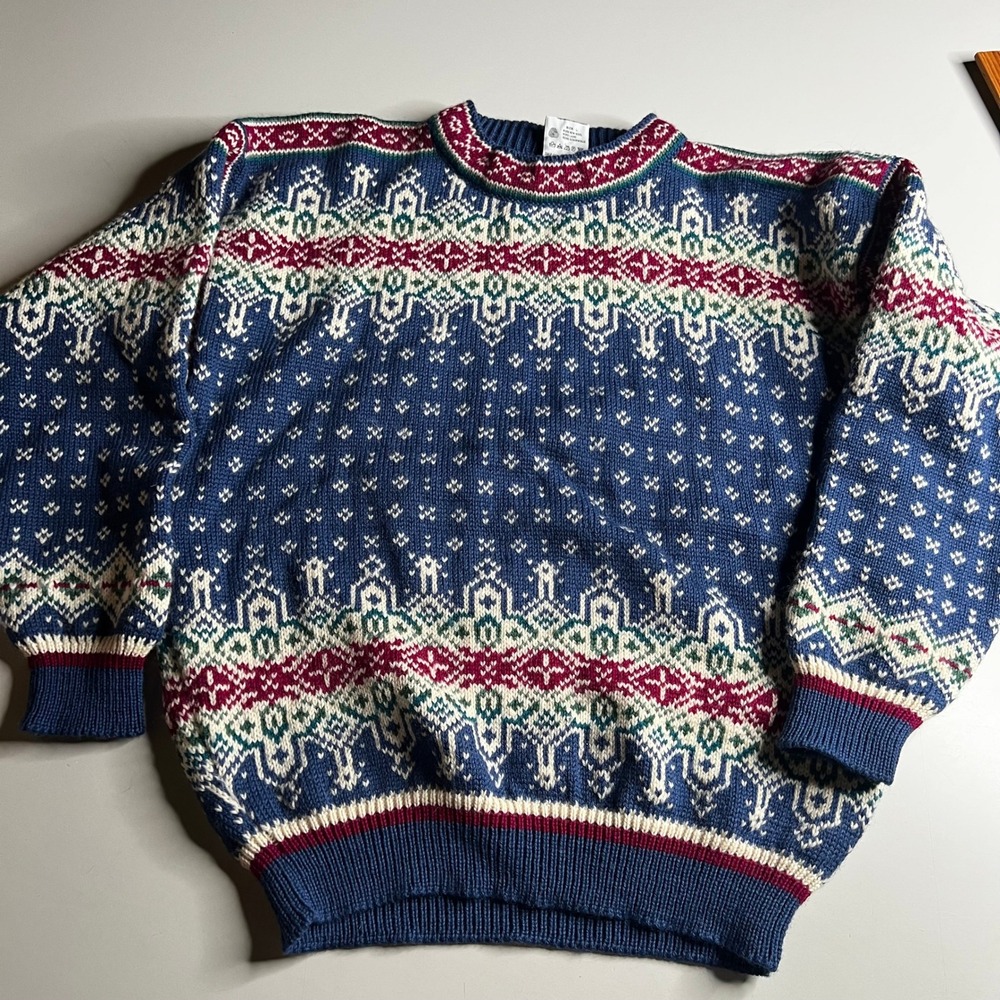 Dale of Norway Wool Sweater Mens Large Blue Fair Isle Nordic Crewneck Vintage